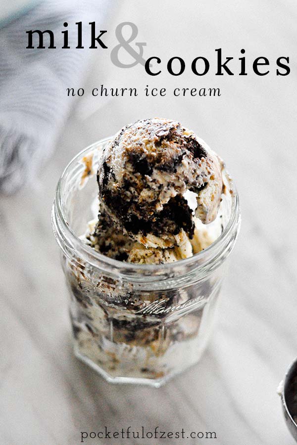 This No-Churn Milk & Cookies Ice Cream is creamy vanilla ice cream loaded with chocolate chip cookie & chocolate cookie sandwich crumbles. And no ice cream maker needed! #nochurnicecream #icecreamrecipe #summerdessert #easydessertrecipe